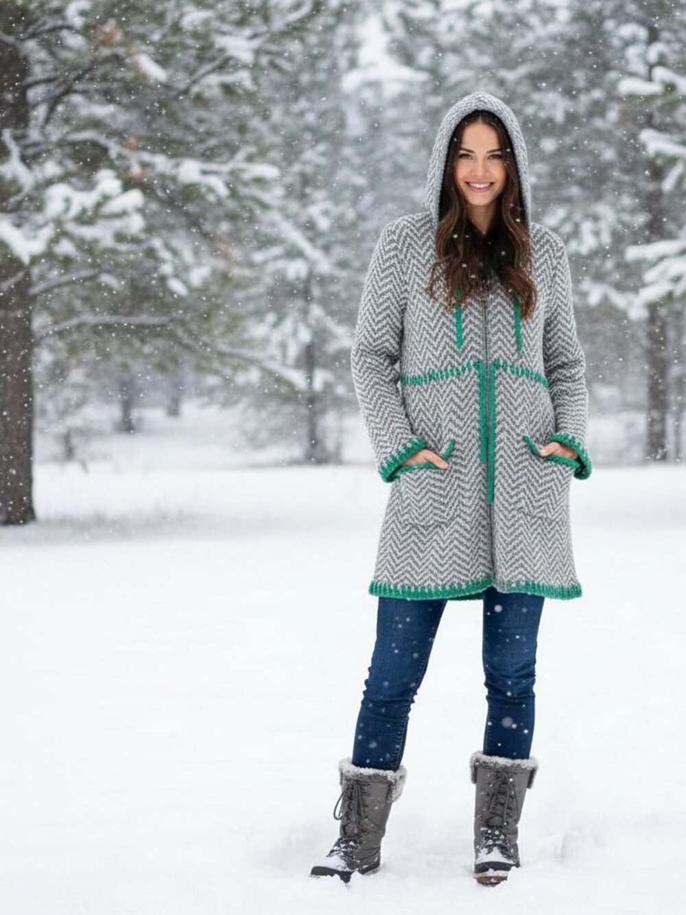 Anthropologie Sparrow Chevron Lambswool Hooded Sweater Coat Medium
